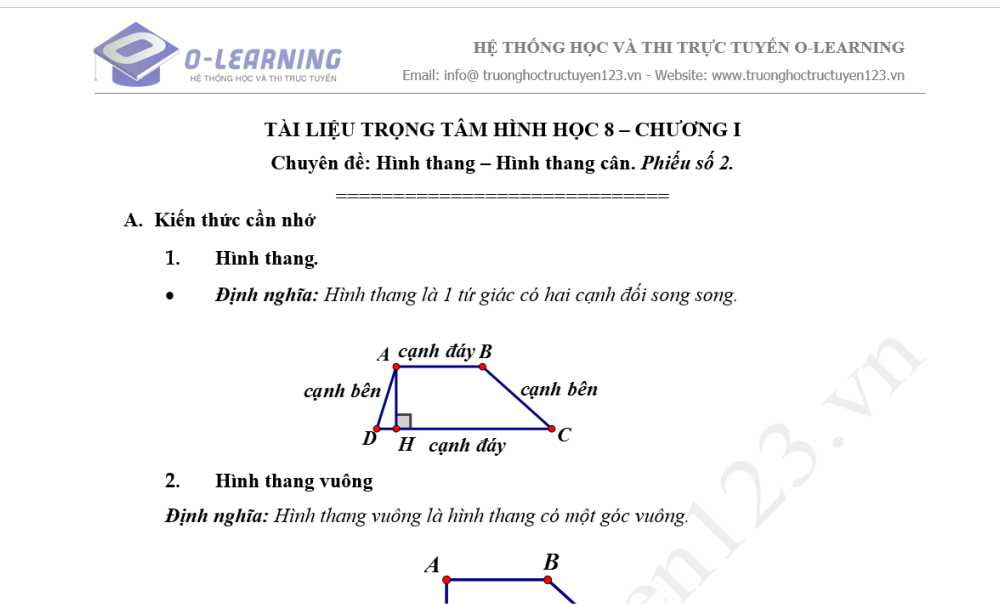 Toán 8. Tài liệu Hình học Trọng tâm  Chương 1. Phiếu 2 Chuyên đề: Hình thang - Hình thang cân